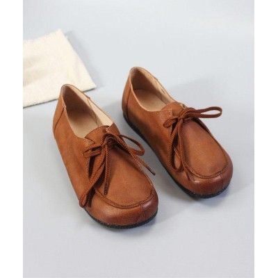 Soft Flat Shoes Brown Cowhide Leather Loafers For Women