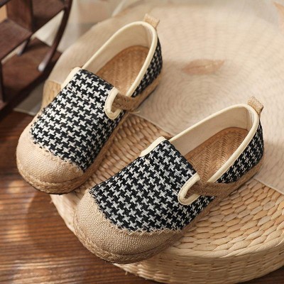 Black Plaid Cotton Linen For Women Splicing Flat Feet Shoes