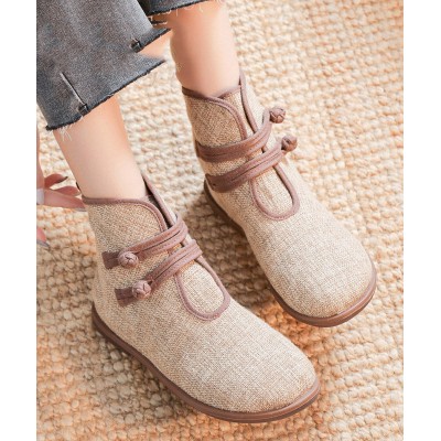 Elegant Buckle Strap Ankle Boots Khaki Comfy Cotton Fabric