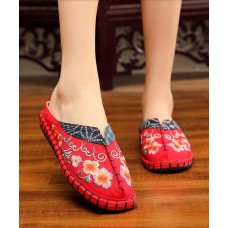 Vintage Red Slide Sandals Embroideried Cotton Fabric Splicing Slides