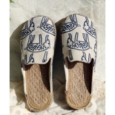 Beige Cotton Fabric Comfy Embroideried Slide Sandals