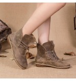 Women Cross Strap  Khaki Cowhide Leather Ankle boots